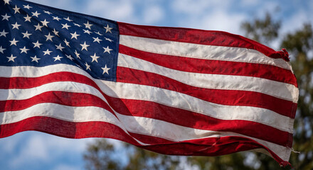 Fototapeta premium American flag waving on pole against blue sky landscape