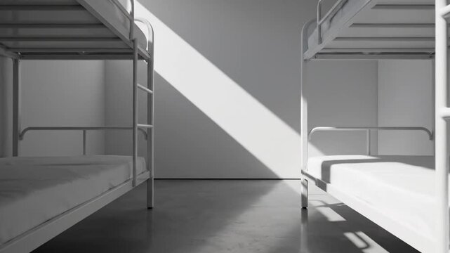 Empty bunk beds in a stark room with diagonal sunlight