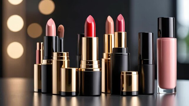 Assortment of elegant lipsticks and cosmetic products in luxurious packaging