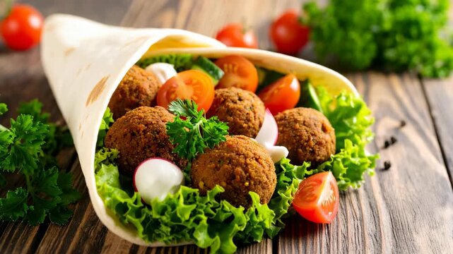 Delicious falafel wrap filled with fresh vegetables and served on a rustic wooden background