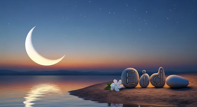 Eid moon crescent over calm water serene night sky with starry sky and sand