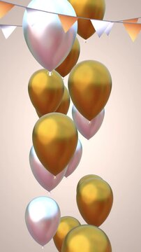 Happy birthday congratulation video with golden and white balloons flying up and confetti falling down. Anniversary celebration loop animation
