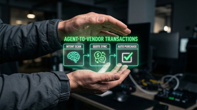 Businessman interacting with agent-to-vendor transactions on a futuristic interface with intent scan, quote sync, and auto purchase options in a modern office setting.
