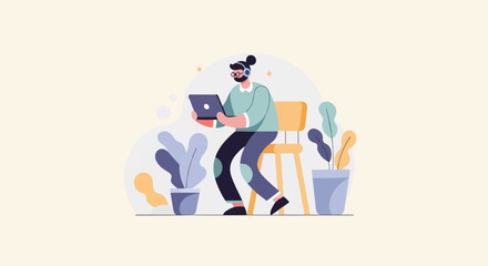 Fototapeta premium Person with headphones sitting and working on a laptop surrounded by plants