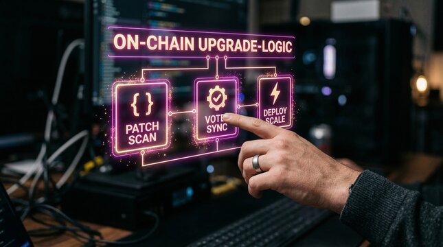 Person interacting with on-chain upgrade logic interface on computer screen