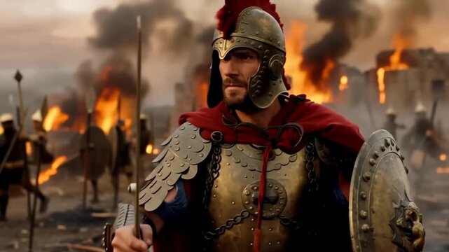 A roman soldier in armor standing in a burning city, holding a sword and shield
