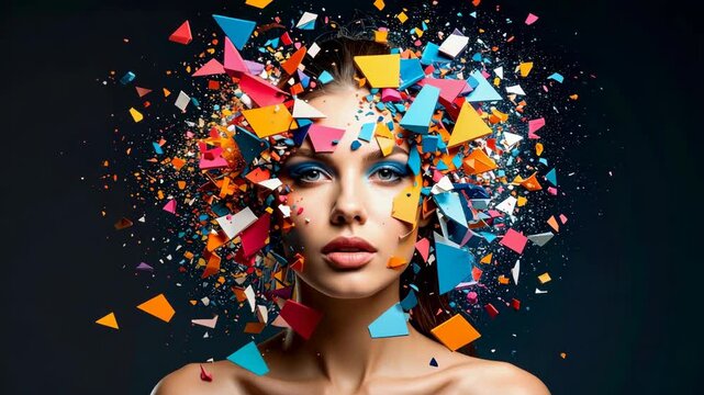 Woman's Face Emerging from Explosive Abstract Geometric Shapes and Confetti