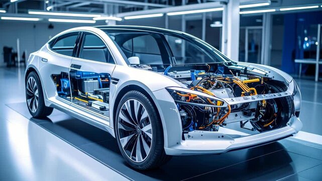 Modern electric vehicle chassis with visible internal components and battery pack