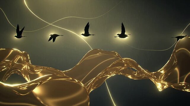 Abstract golden liquid waves undulate under a celestial path of glowing birds, embodying luxury, freedom, and the journey of transformation