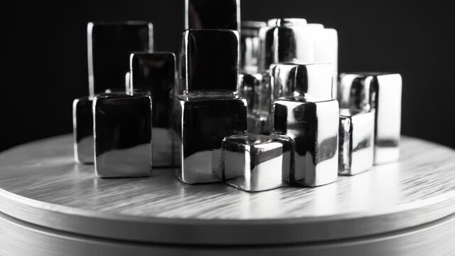 Magnet magnetic and attraction force in a laboratory setting for scientific research demonstrating powerful magnetism with metallic cubes interacting on a wooden surface Experimentation physics and