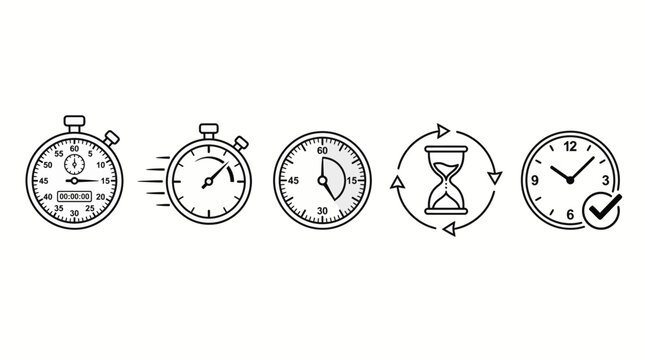 Collection of icons representing time, including a stopwatch, clock, and hourglass, symbolizing speed, scheduling, and deadlines