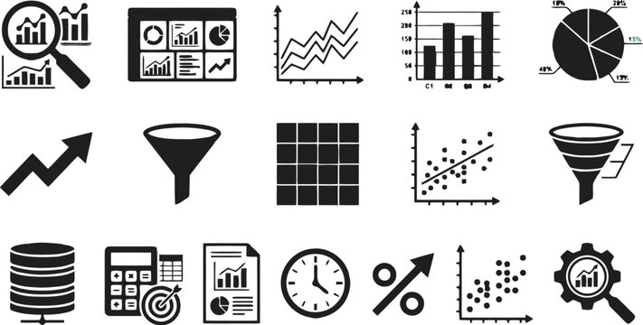 Set of 15 black and white data analysis vector icons for business analytics, financial reporting, marketing, and statistical visualization