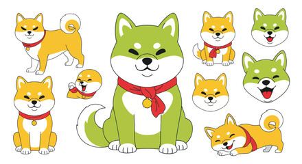 Obraz premium Cute Shiba Inu Dog Collection: Green and Yellow Cartoon Poses