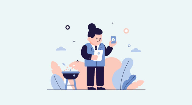 Person in suit holding card near grill with abstract plants