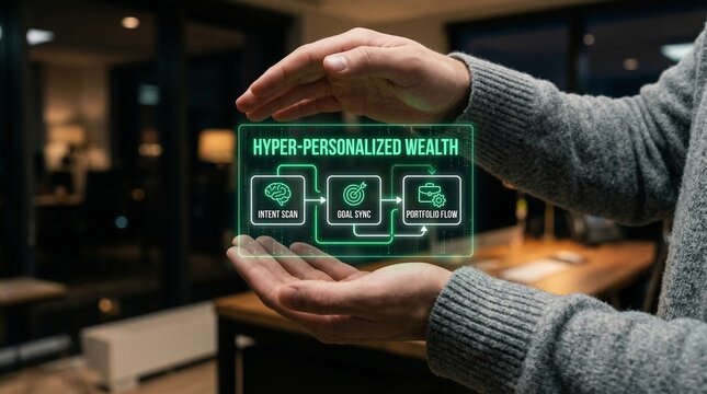 Man presenting hyper personalized wealth management concept with intent scan goal sync and portfolio flow
