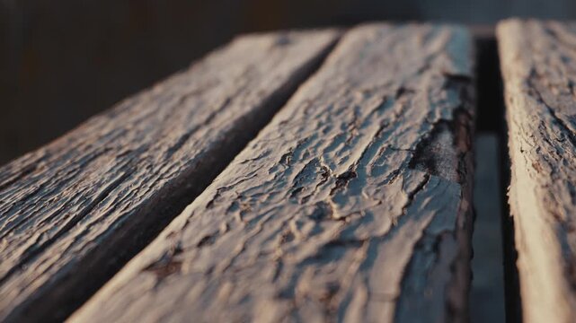 A close macro view of weathered wooden bench planks with deeply cracked paint under warm sunlight. Concept of aging, the relentless passage of time, and natural rustic decay.
