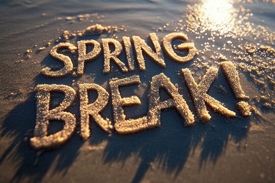 sunlit beach with the words 'spring break' written in the wet sand, with gentle waves and warm golden light casting long shadows