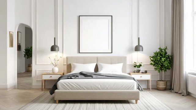 Modern minimalist bedroom with neutral tones, plush bed, and decorative plants