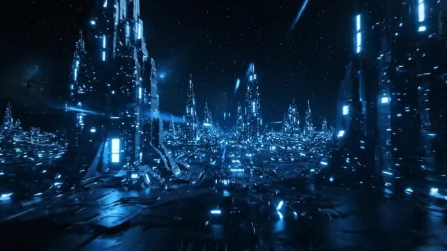 Futuristic city landscape with illuminated tall buildings in a space-like environment with stardust and glowing rays.