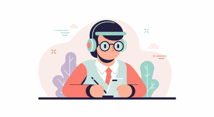 Obraz premium Person with headphones and glasses writing on a tablet with plants