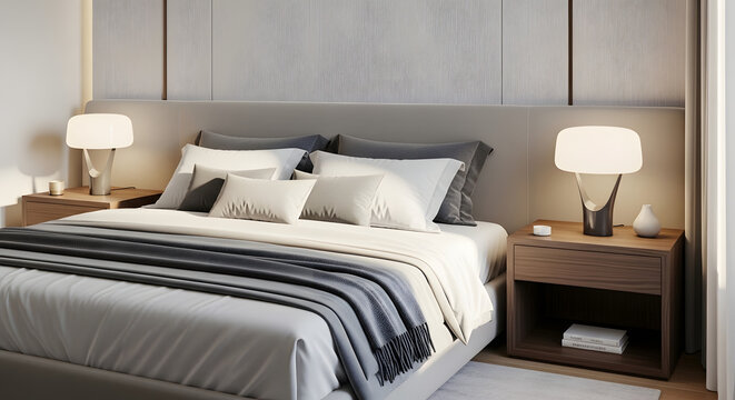 Modern bedroom interior with a large bed bedside tables and soft lighting