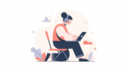 Fototapeta premium Person with headphones working on a laptop at a desk