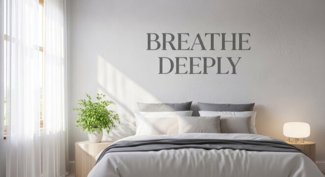 A bedroom with a motivational wall decal, a neatly made bed, and a nightstand with a lamp and a plant.