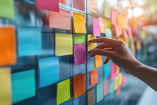 hand placing colorful sticky notes on glass wall in sunlit office during energetic collaborative brainstorming session