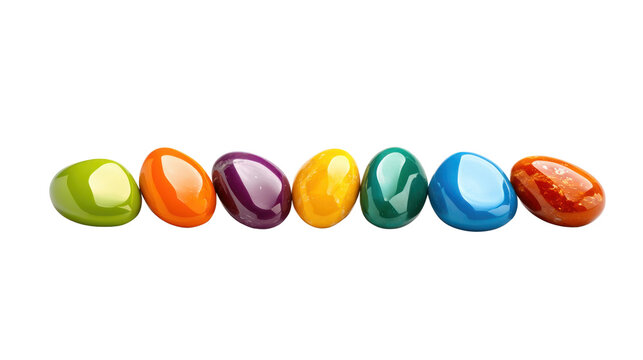 Row of seven brightly colored polished oval stones resembling eggs displayed horizontally isolated on white or transparent background. PNG die-cut for advertising