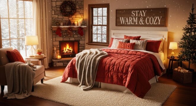 A cozy bedroom with a warm color scheme, featuring a red and white comforter, a lit fireplace, and festive decorations, creating a welcoming and comfortable atmosphere.