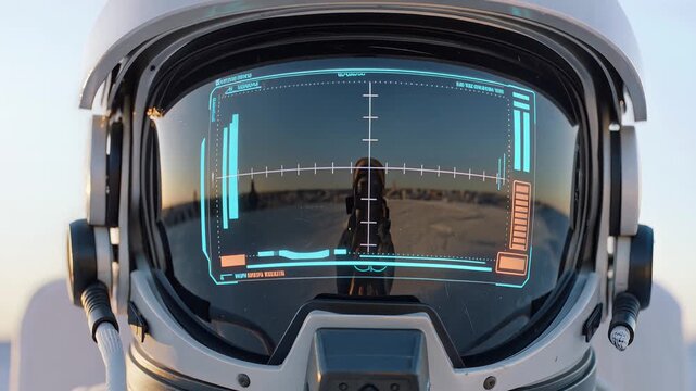 Astronaut views futuristic control panel through helmet visor on spacecraft