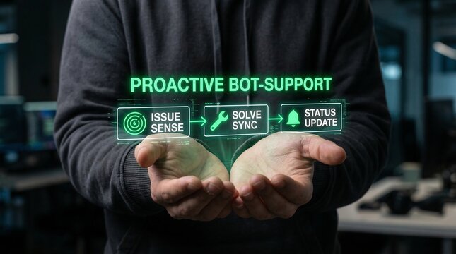 Person presenting proactive bot-support technology with issue sense and solve sync