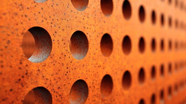 Close-up of a rusty metal surface with circular holes