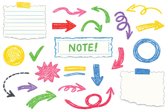  Funky Scrapbook Doodle Arrows and Note Emphasis Elements &ndash; Colorful Crayon Drawn Squiggly and Straight Arrows, Check Marks, Circles and Text Boxes, Hand Drawn Torn Paper Collage Vector Set 
