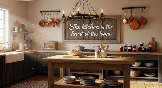 A cozy kitchen with a rustic wooden sign and various kitchenware items on display.
