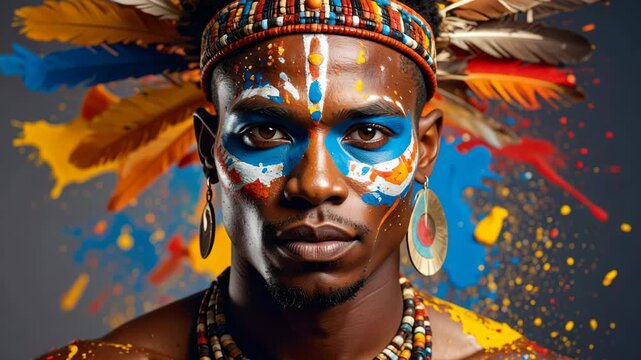 Man with vibrant face paint and feathered headdress with abstract paint splatters