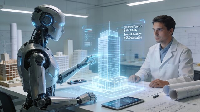Advanced humanoid robot engineer collaborating with architect on holographic 3D building model displaying structural analysis data in modern architectural office