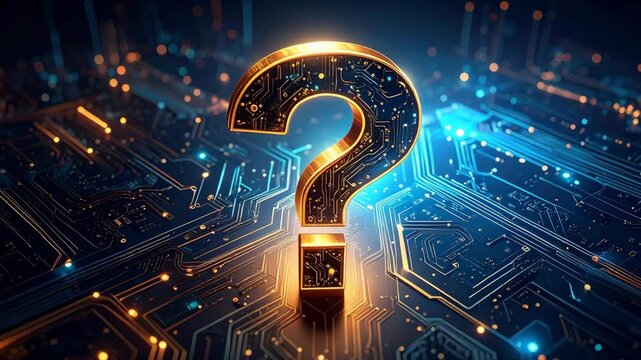 Golden question mark with circuit board background digital illustration