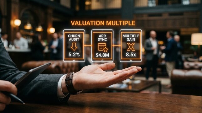 Business valuation concept with a hand presenting financial metrics data