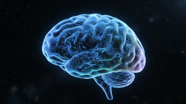 Human brain in glowing blue tones with nervous system detailed and dynamic view on black background