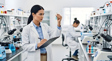 A focused female scientist in a lab coat examines a test tube while holding a clipboard, with another researcher working in the background amidst microscopes and lab equipment in a bright, well-equipp
