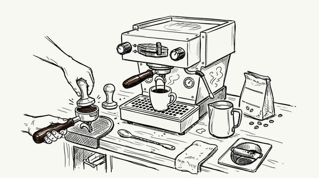 A hand operating a coffee tamper next to an espresso machine on a table.