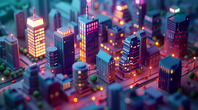3D isometric low-poly clay illustration of a dense city at night