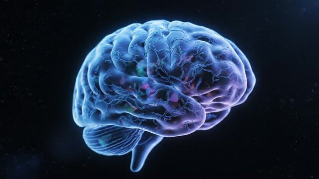 Brain rendered in a transparent and glowing effect against a dark background, showing neurological connections