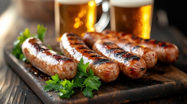 Grilled sausage platter with beer refreshment