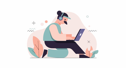 Obraz premium Person wearing headphones sits on a beanbag, typing on a laptop