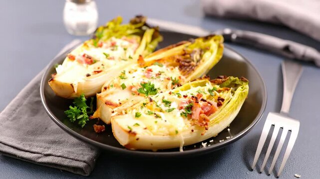 Gourmet endives au gratin topped with melted cheese and diced bacon sprinkled with parsley