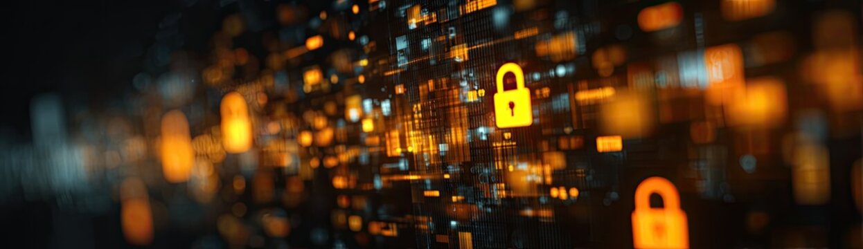 Digital padlock icons glowing in a dark, abstract technological background with bokeh lights.