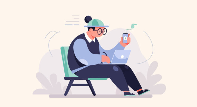 Person working on laptop and phone with stylized background