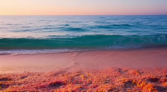 Tranquil ocean waves gently lapping on a vibrant pink sandy beach at sunset
